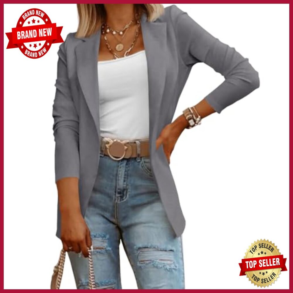 Long Sleeve Knit Blazer Open Front Stretchy Work Office Casual Jacket - Picture 3 of 7